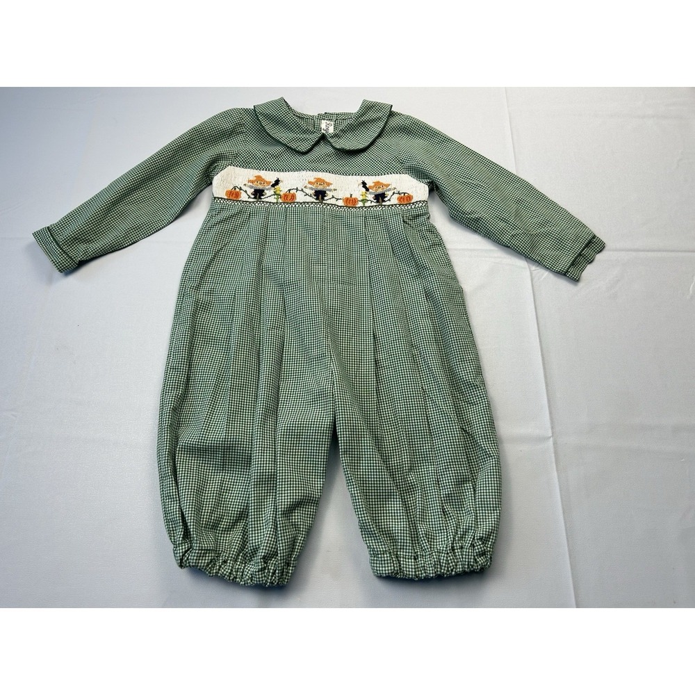 Royal Child 24M Smocked Scarecrow Pumpkin Romper Green Gingham Fall